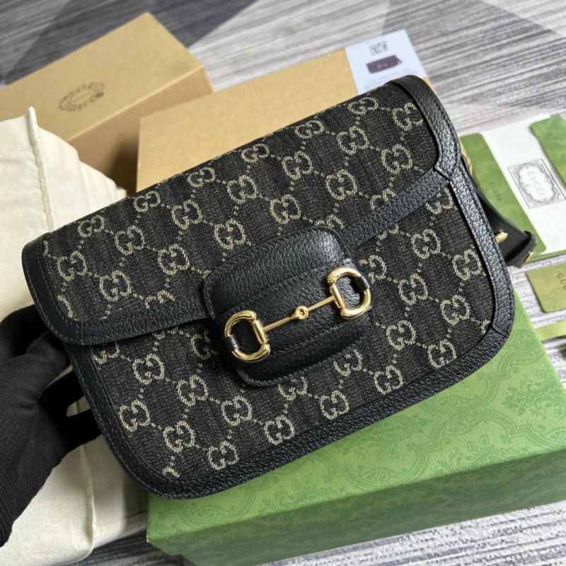Gucci Designer Horsebit 1955 shoulder 602204 Fake bag in black and ivory GG